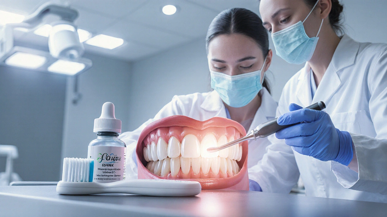 Dentista umísťuje kompozitní výplň, vedle zubní kartáček a fluoridová gél.