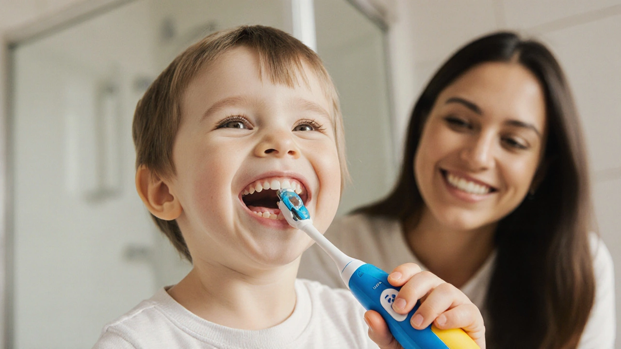 Dítě se směje, zatímco čistí zuby sonickým kartáčkem s barevným návrhem a časovačem.
