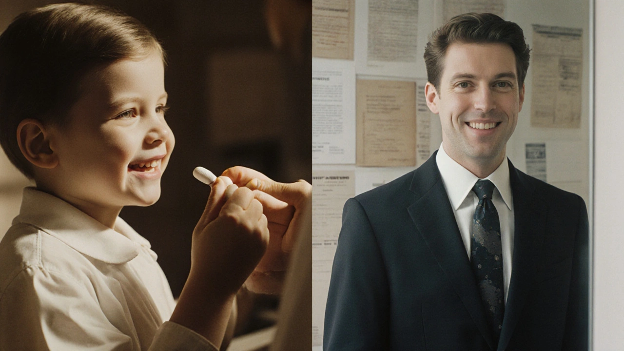 Dítě v 60. letech dostává antibiotikum, dospělý pozoruje své zbarvené zuby ve zrcadle.