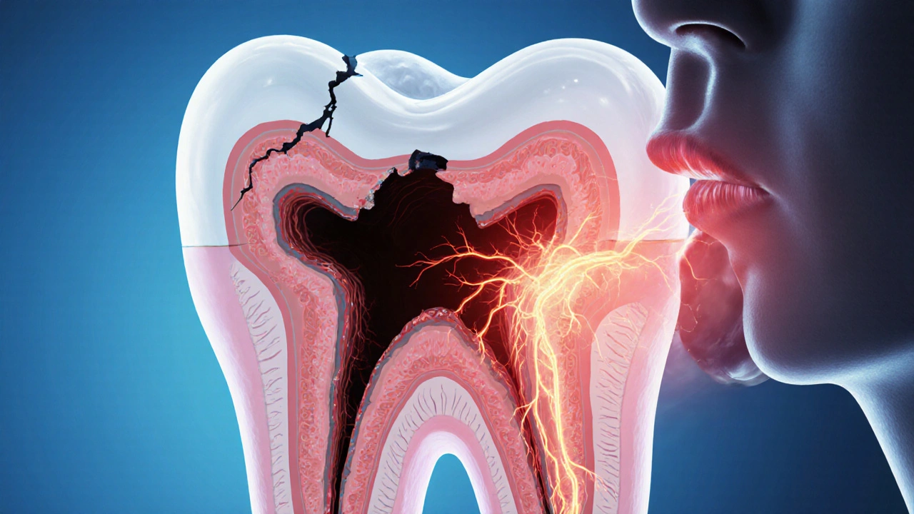 Ilustrace řezu zubu s rozšířenou dutinou a bolestí v pulpě.