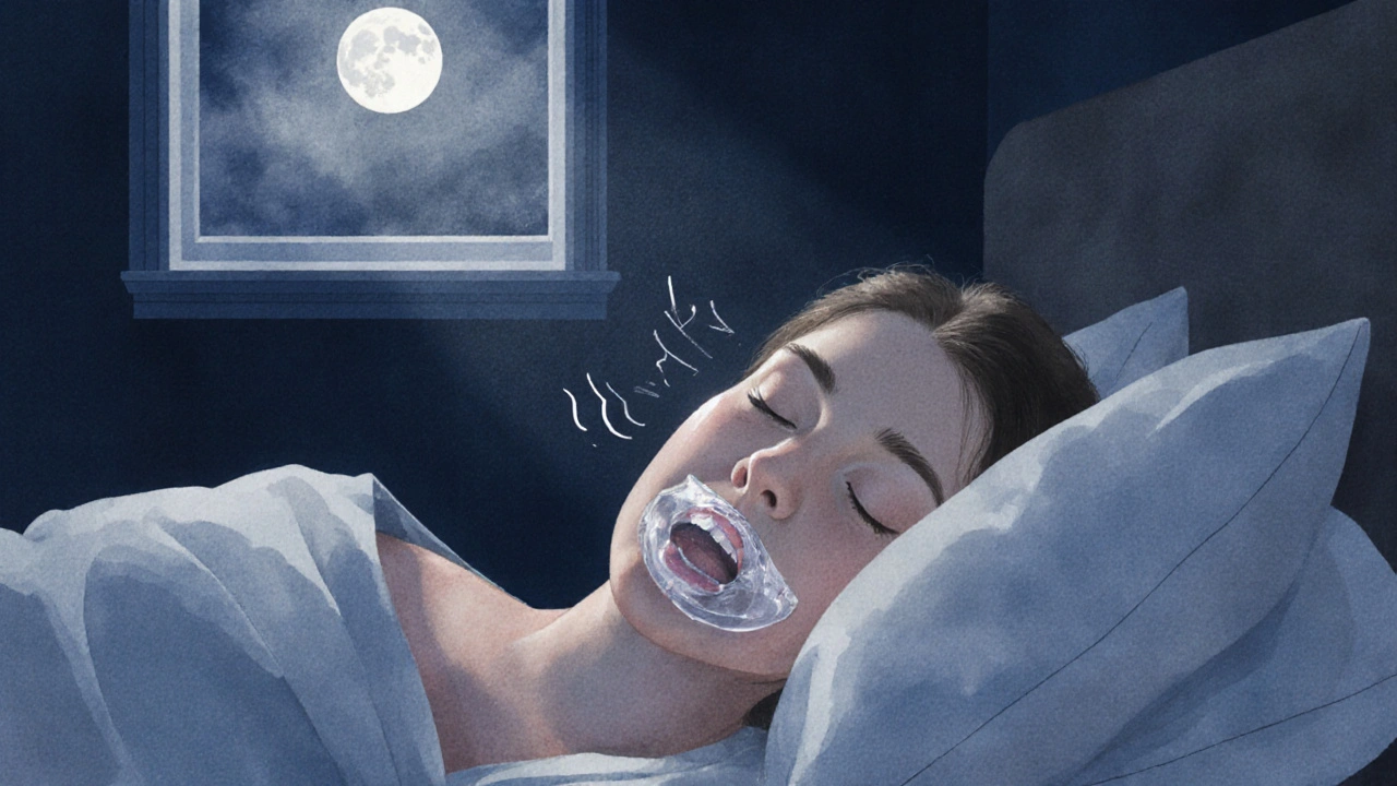 Ilustrace spící osoby s noční dlahou a náznaky skřípání zubů.
