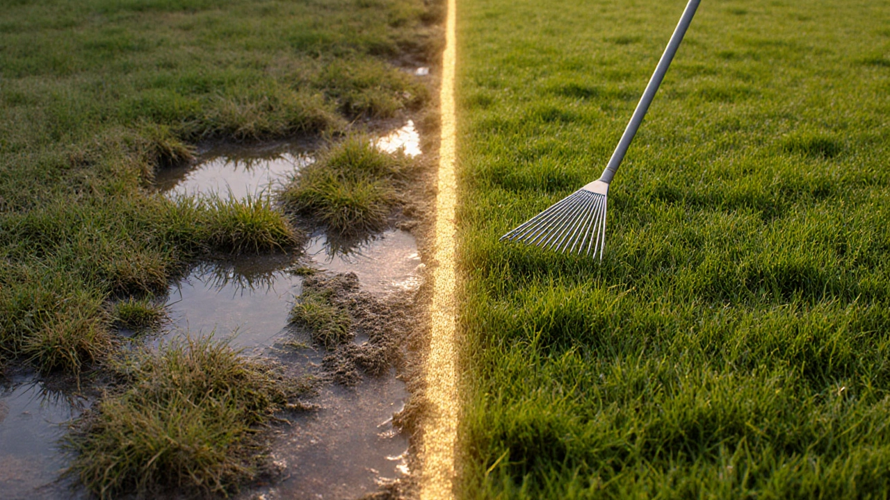 Kontrast mezi poškozenou a zdravou trávou po pískování v jemném světle večera.