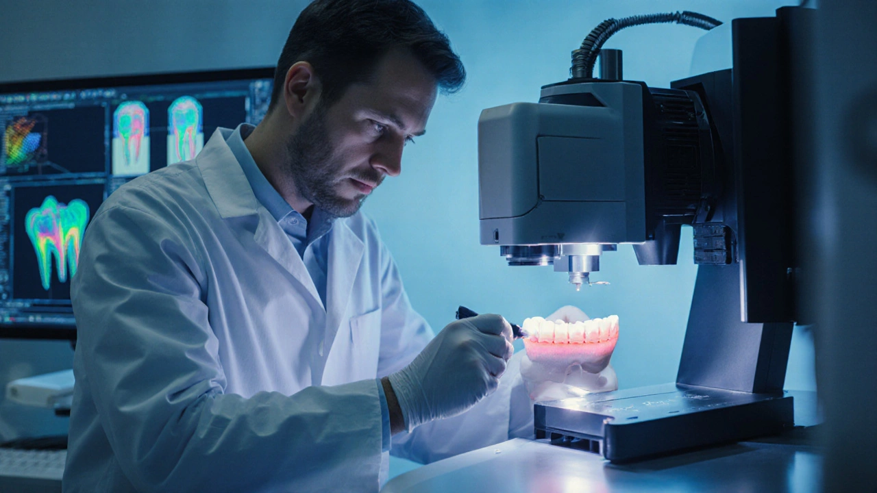 Laboratoř s technikem, 3‑D skenerem, CAD obrazovkou a CNC frézou vyrábějící keramickou korunu.