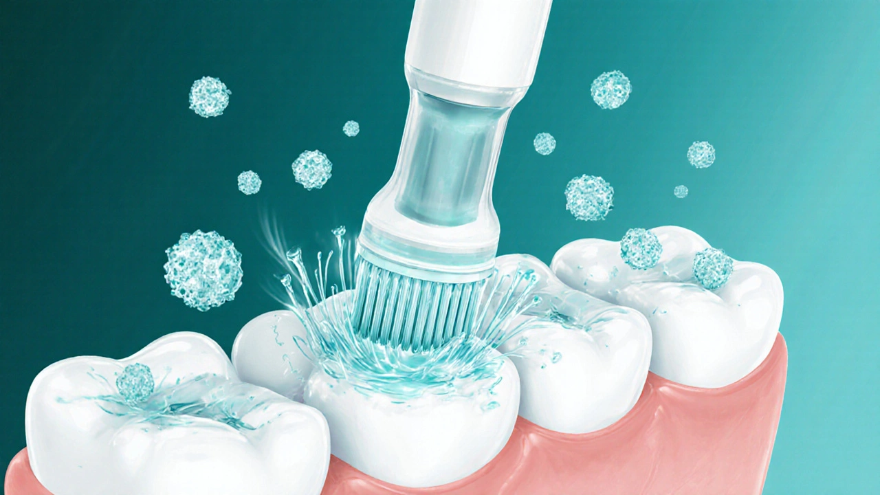 Mikroskopický pohled na odstraňování plaku sonickým kartáčkem s mikroproudy v pastě.