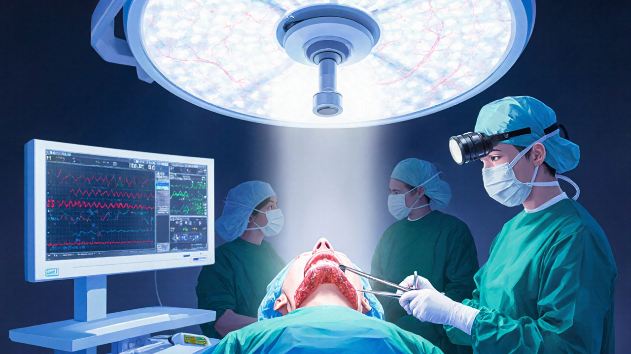 Operace čelistní osteotomie v operačním sále pod jasným světlem.