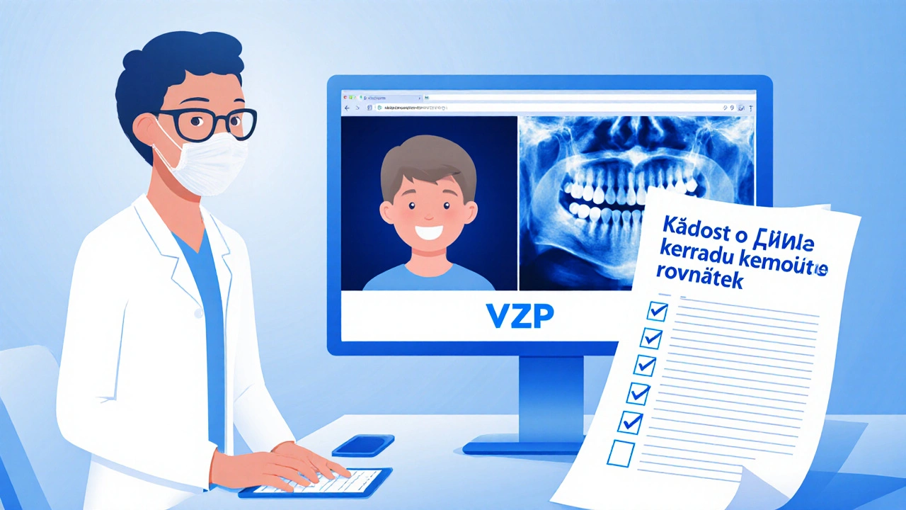 Ortodontista před monitorem s 3D skenem, rentgeny a žádostí o úhradu keramických rovnátek.