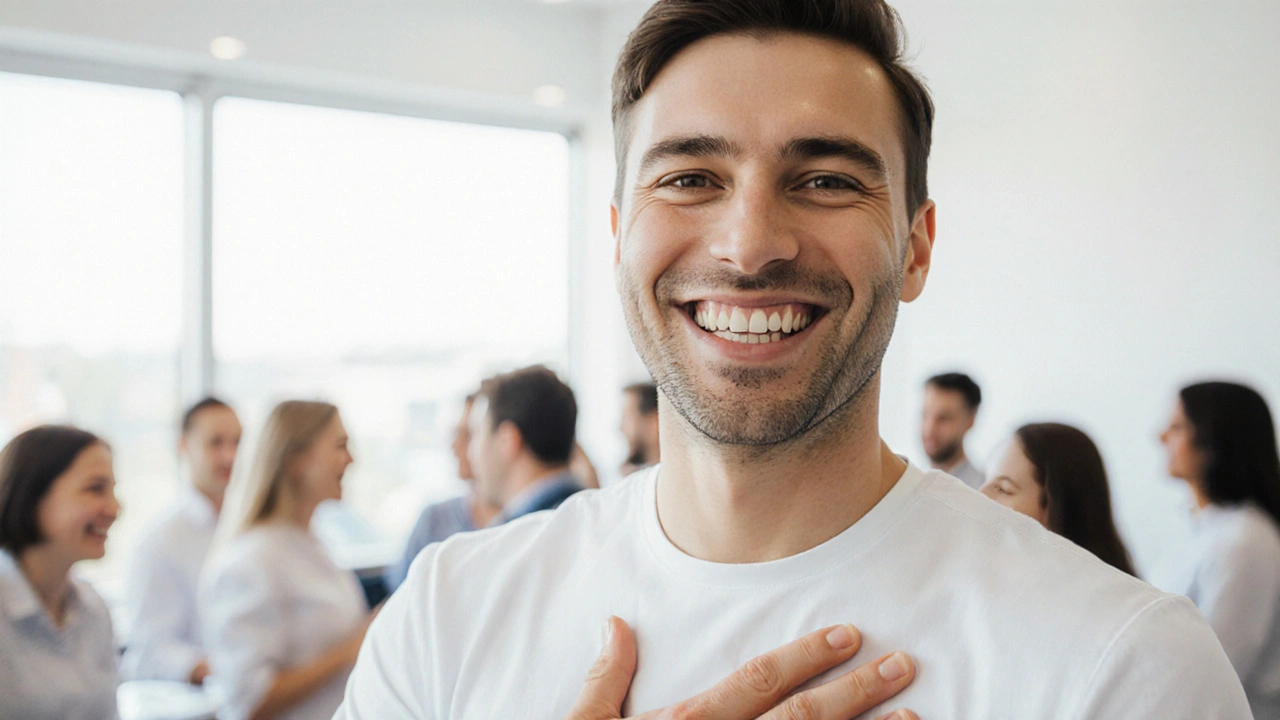 Osoba se širokým úsměvem a bílými zuby v klinice, světlo osvětluje její důvěru.