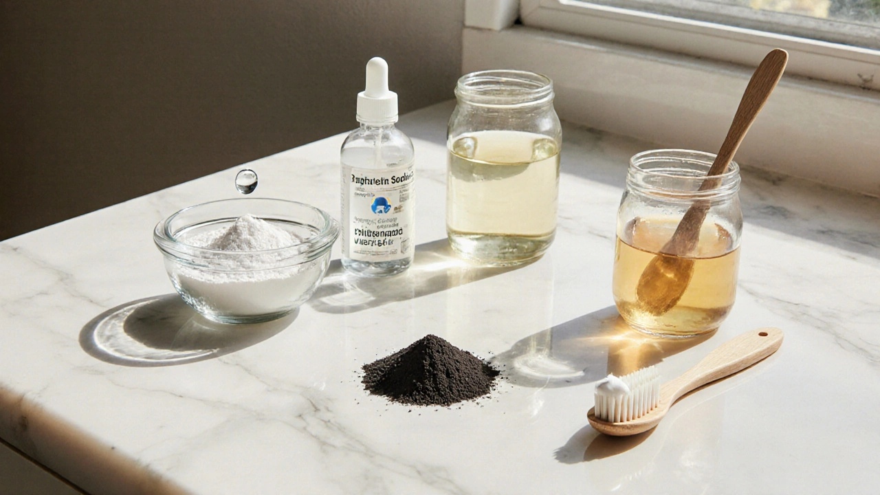 Plocha s domácími prostředky – jedlá soda, peroxid, aktivní uhlí, kokosový olej a kartáček.