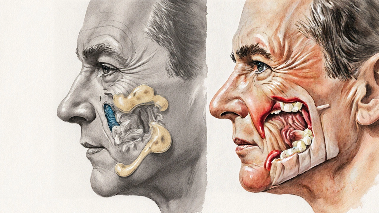 Porovnání tváře s plnou čelistí a se zúženou čelistí z důvodu používání protézy.