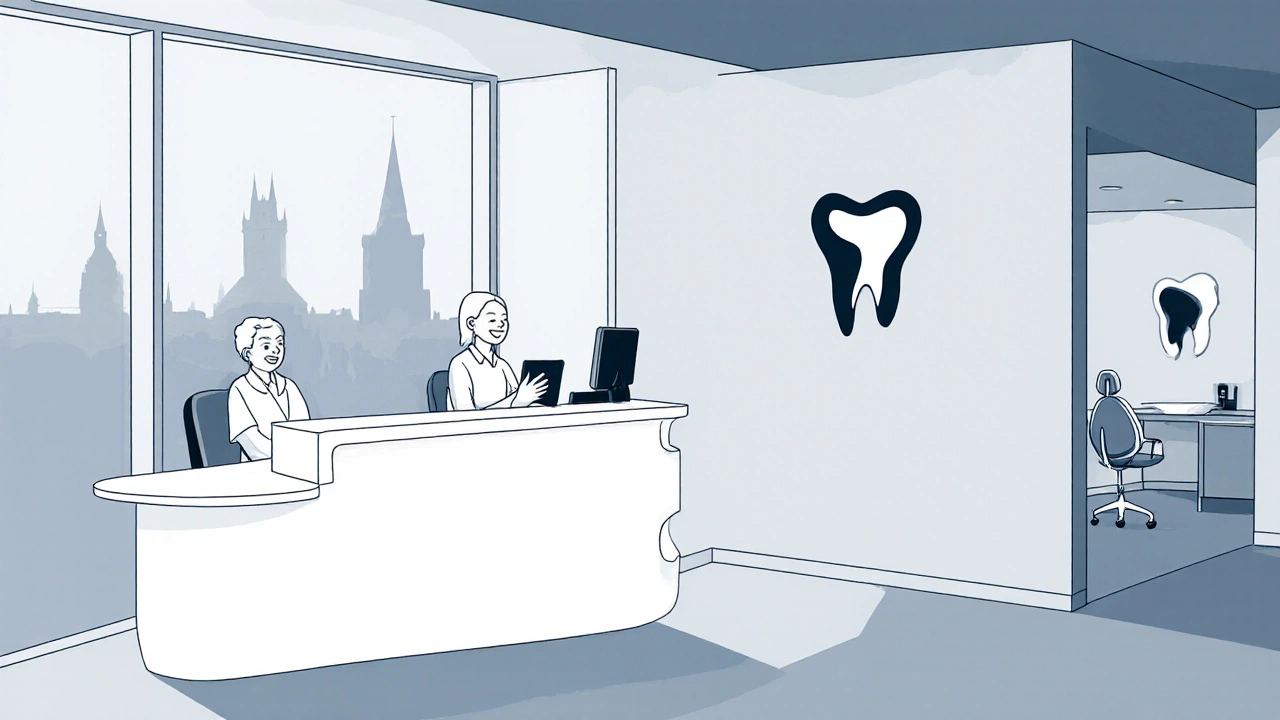 Přijímací místnost moderní zubní kliniky s usměvavou recepční.