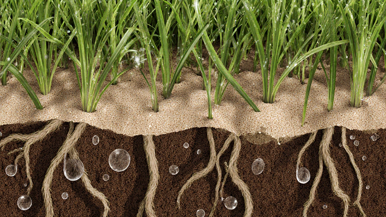 Průřez kořenů trávy s čistým pískem vyplňujícím mezery mezi kořeny a vodními kapkami.
