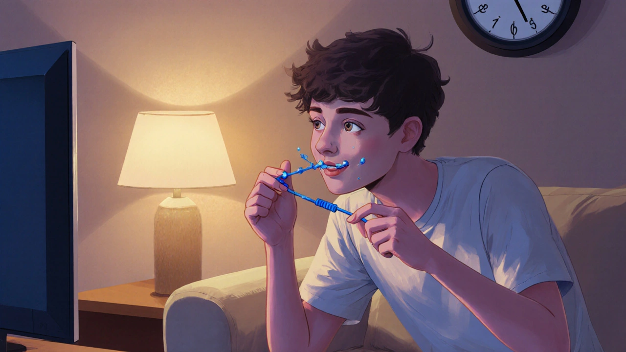 Teenager provádí techniku „nahrávání“ elastik před spaním.