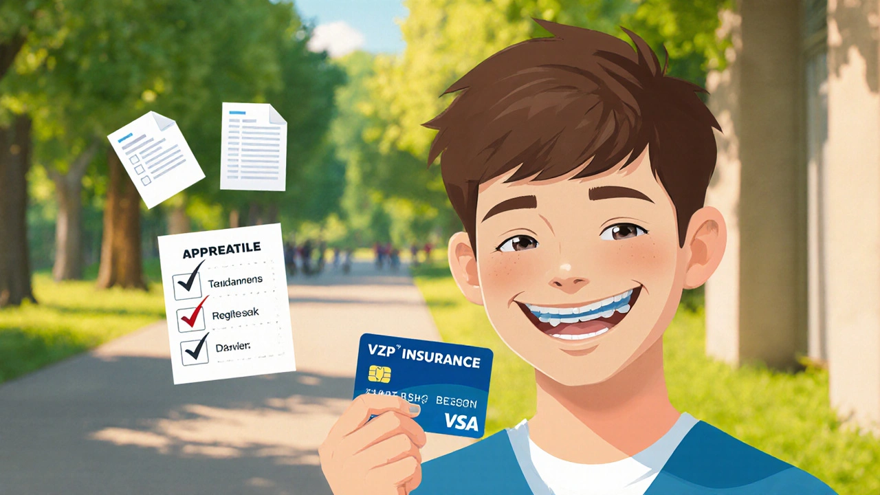 Teenager s keramickými rovnatky usmívá se, drží kartu VZP, v pozadí slunečný den.