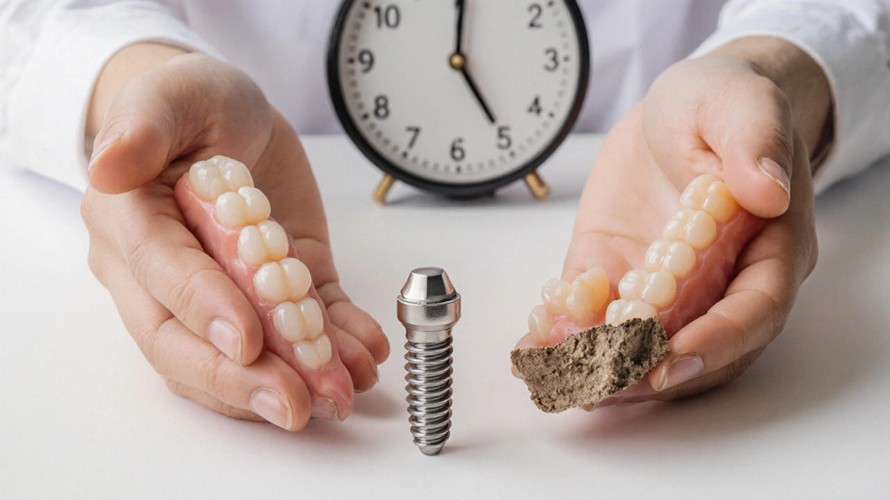 Titanový implantát vedle použité protézy s časovou osou ukazující dlouhodobou hodnotu.