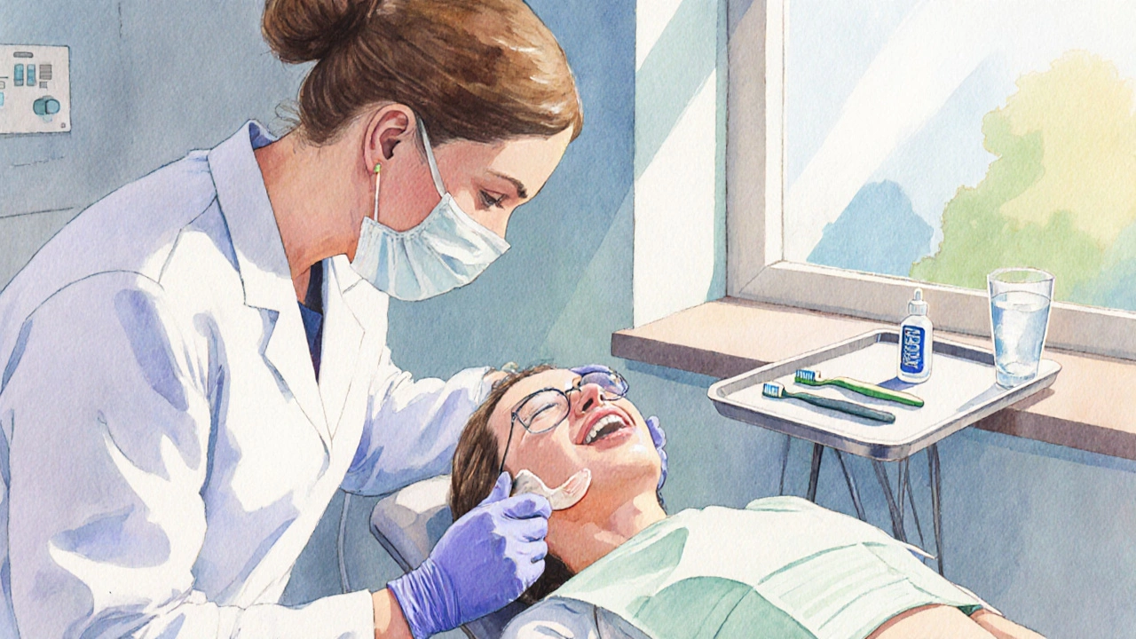 Vodařská ilustrace zubaře aplikujícího kompozitní výplň.