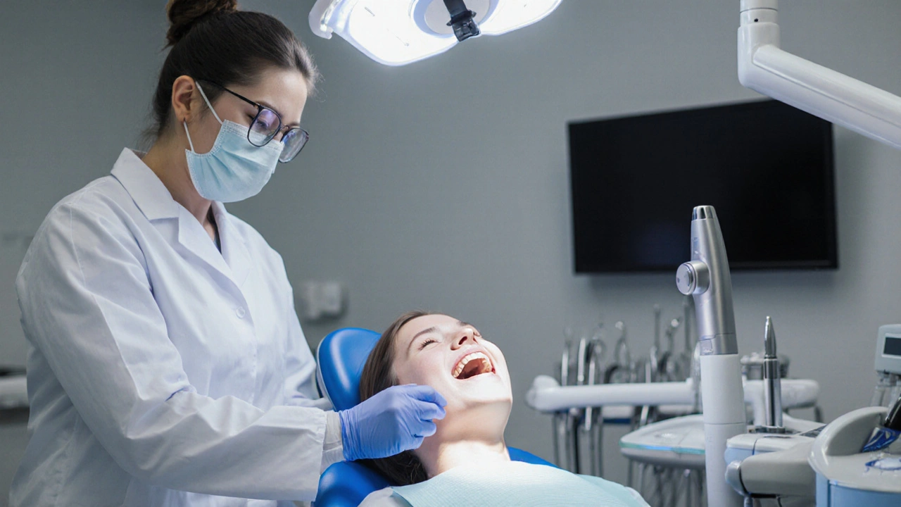 Zubař u klinického křesla provádí ultrazvukové čištění a laserové bělení zubů.