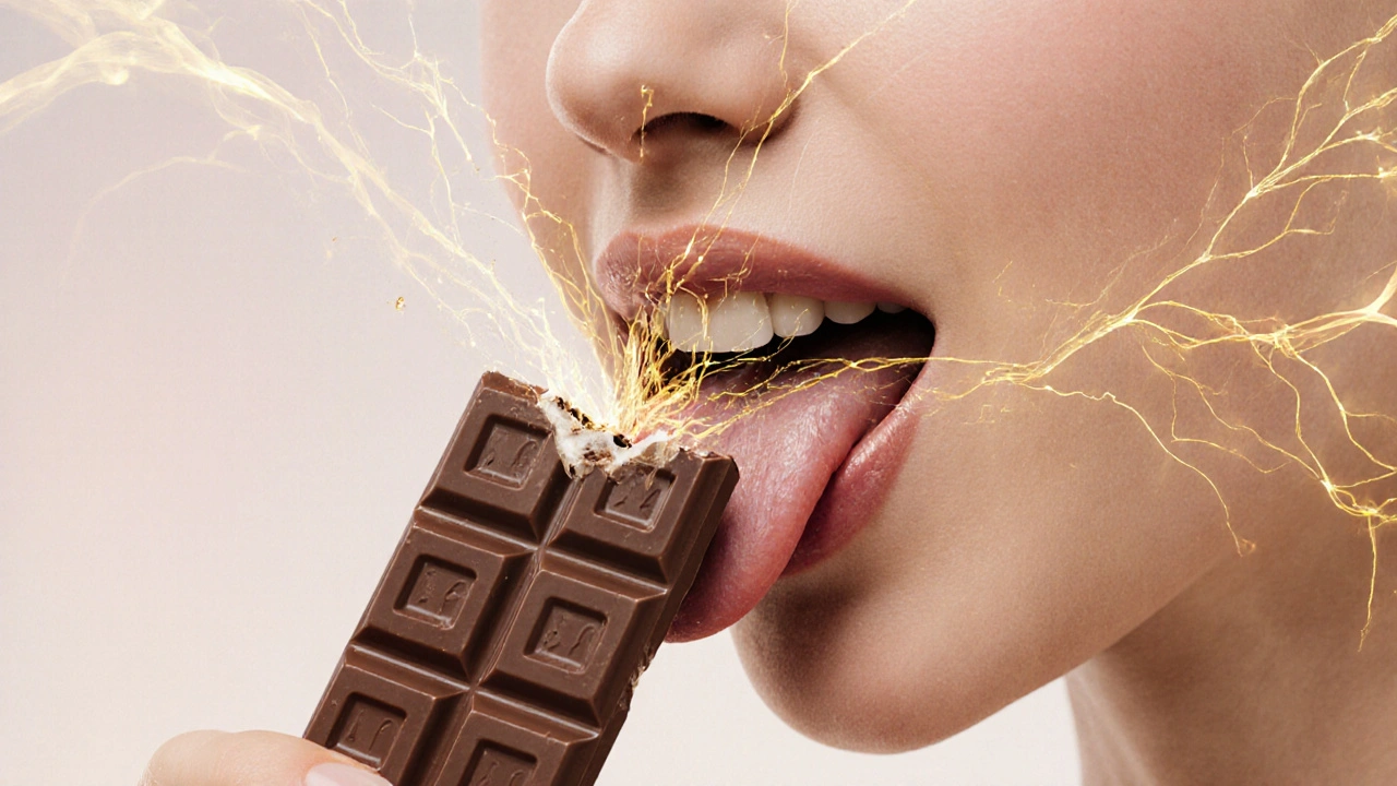 Abstraktní znázornění falešných nervových signálů z prasklého zubu, které zkreslují chuť čokolády.