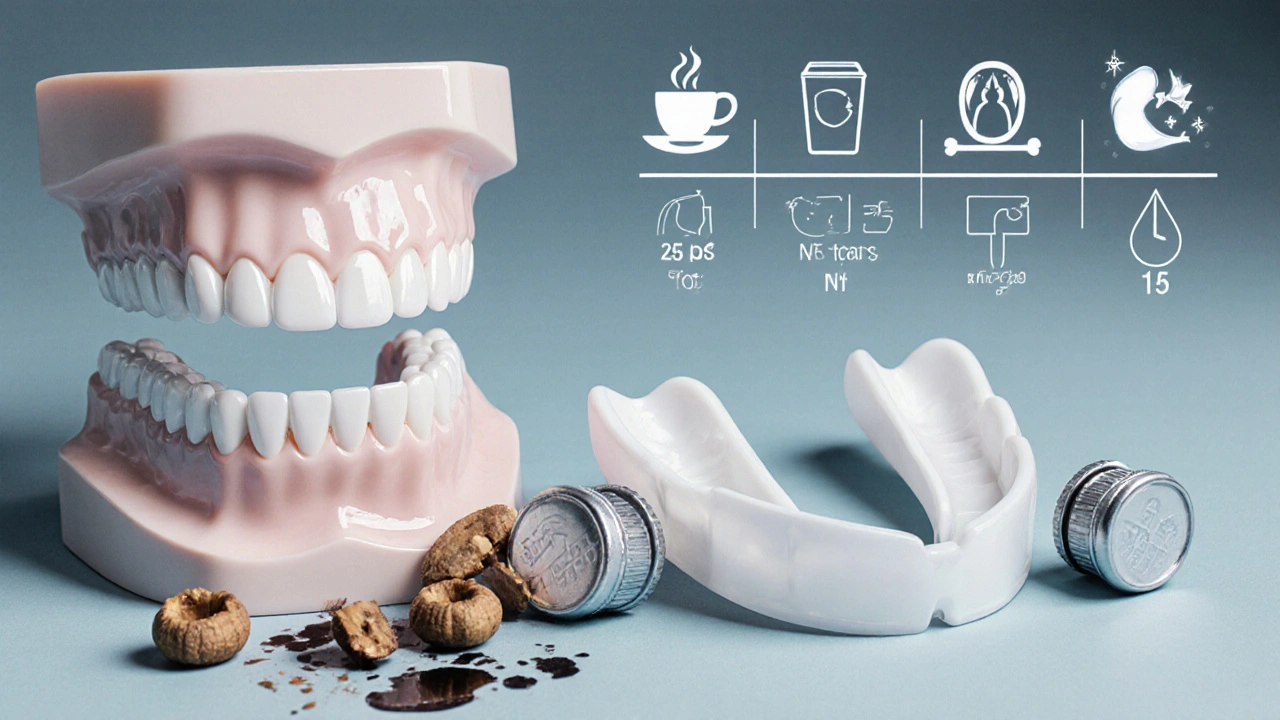 Ceramic dental crown next to harmful habits like cracking nuts and coffee stains.