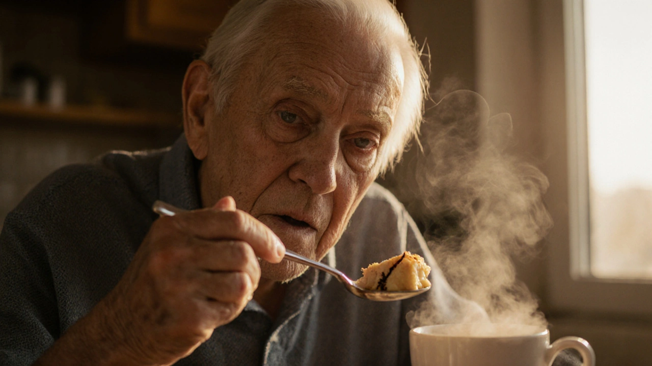 Člověk chutná jídlo, zatímco na jeho zubě svítí jemná trhlina, symbolizující změnu chuti.