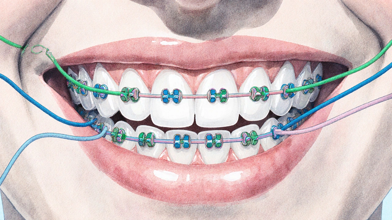 Detail rovnátek s barevnými gumičkami působícími na čelisti.