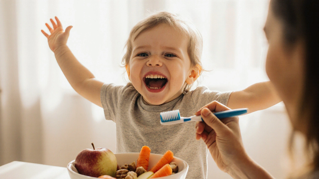 Dítě se směje s nádobou ovoce a zeleniny, viditelně zdravé zuby.