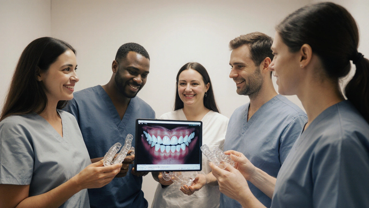 Dospělí pacienti si prohlížejí 3D sken svých zubů u ortodonta.