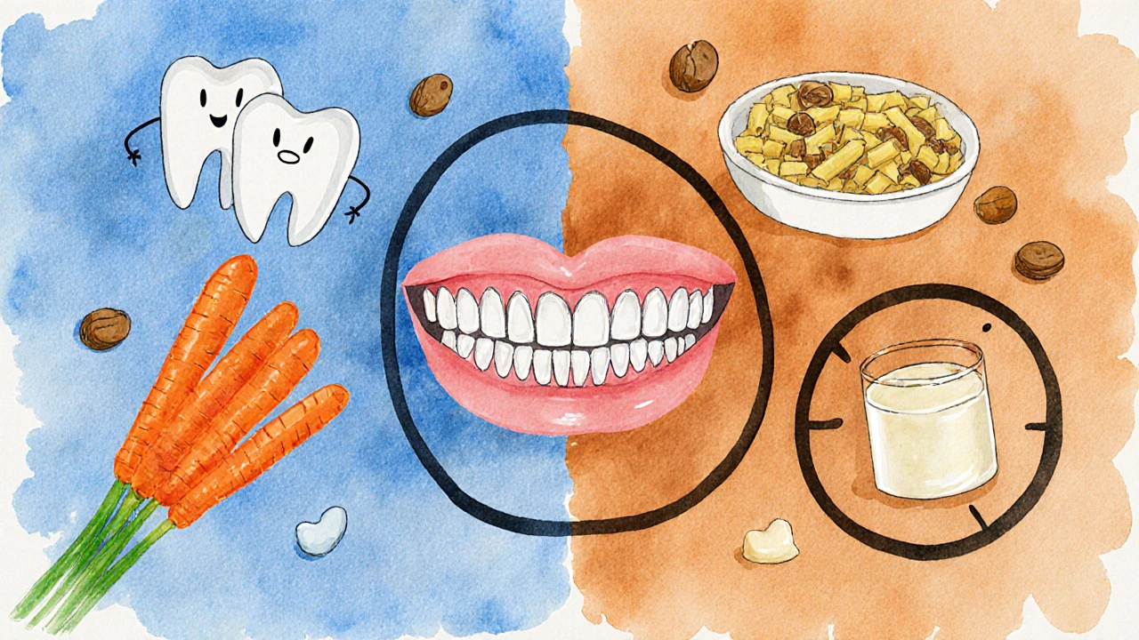 Dvě strany: zdravé zuby žvýkají tvrdé potraviny, špatně postavené zuby jen měkké jídlo.