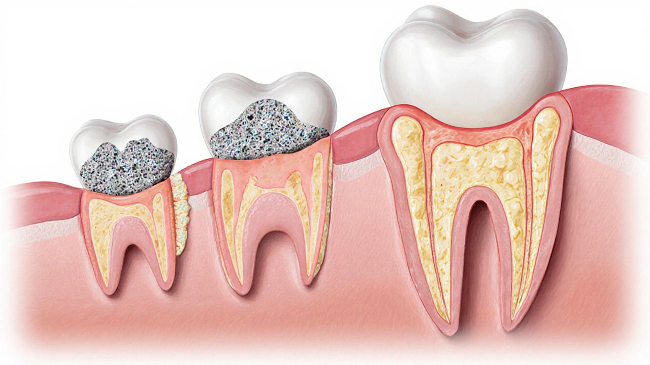 Ilustrace postupného vzniku subgingiválního kamene, od plaku přes vápencování až po ztrátu kosti kolem zubu.