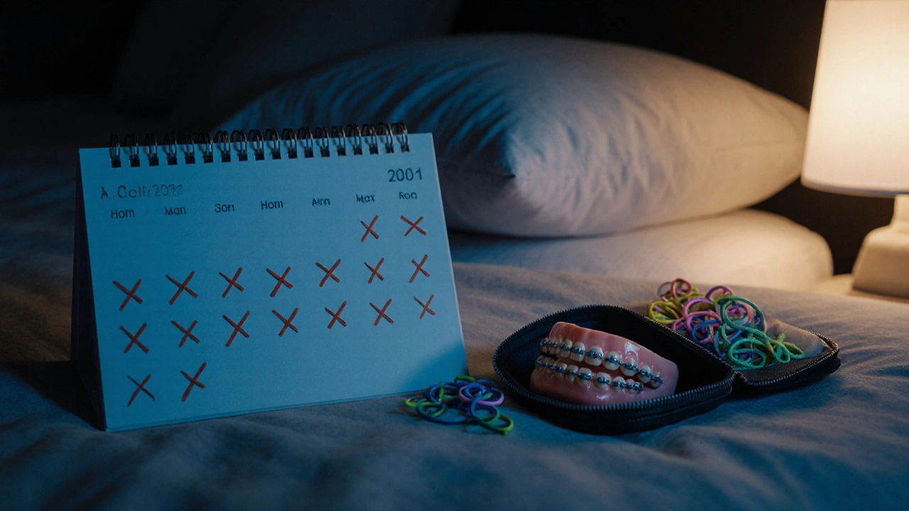 Kalendář s gumičkami a rovnátky na polici, symbolizující každodenní péči.