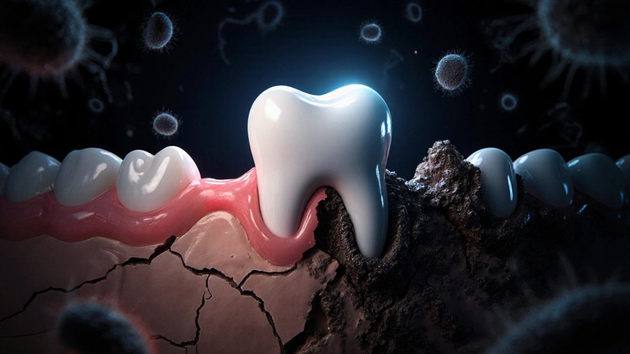 Konceptuální obraz zubu vyrůstajícího z rozbíjené kosti pod odtaženými dásněmi, s bakteriemi a tmavým kamenem.