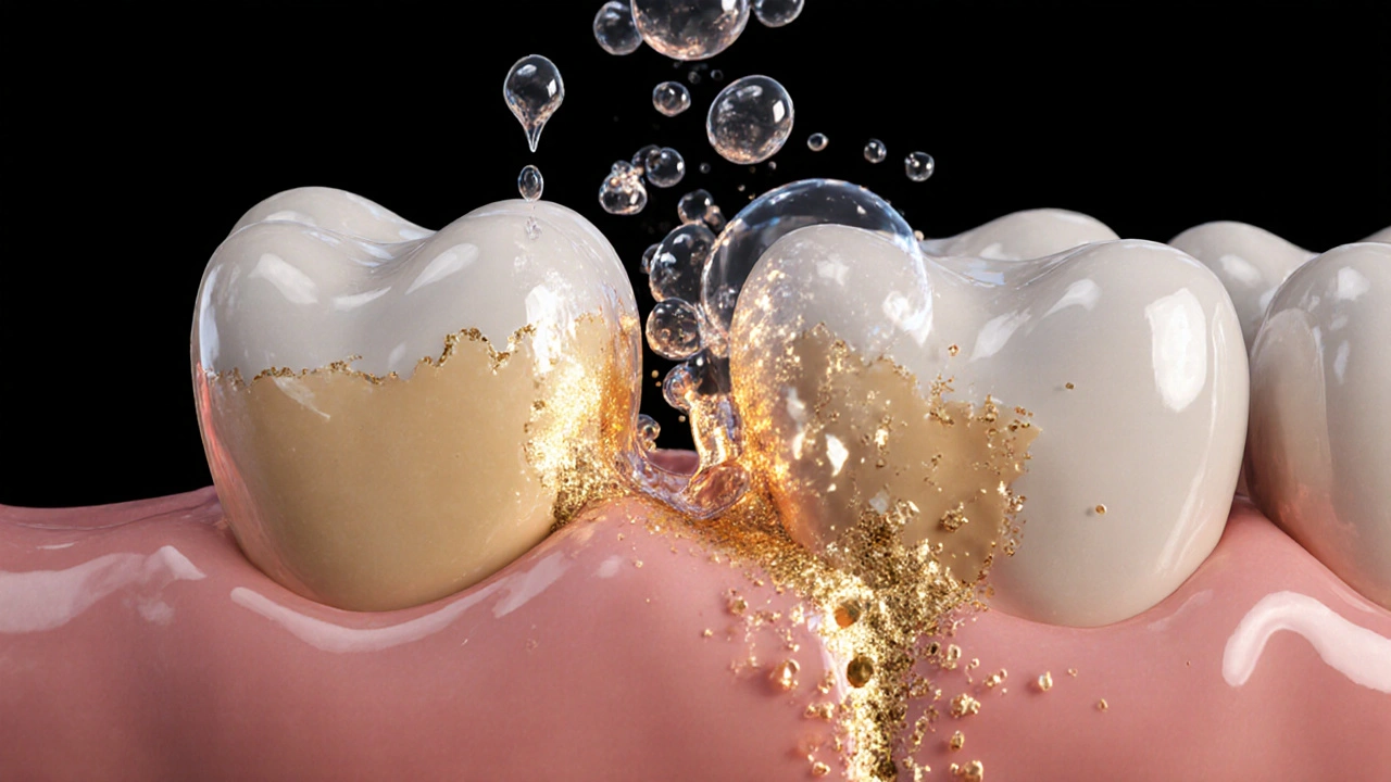 Mikroskopický pohled na bakterie a kyselinu, které ničí zubní sklovinu, zatímco sliny a fluorid ji obnovují.