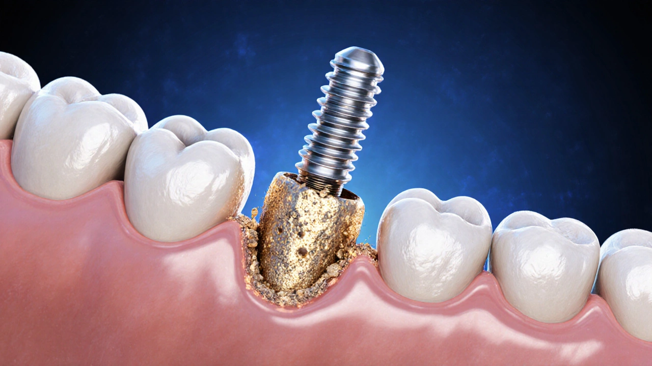 Mikroskopický pohled na titanový implantát s kostní tkání, která se kolem něj růst.