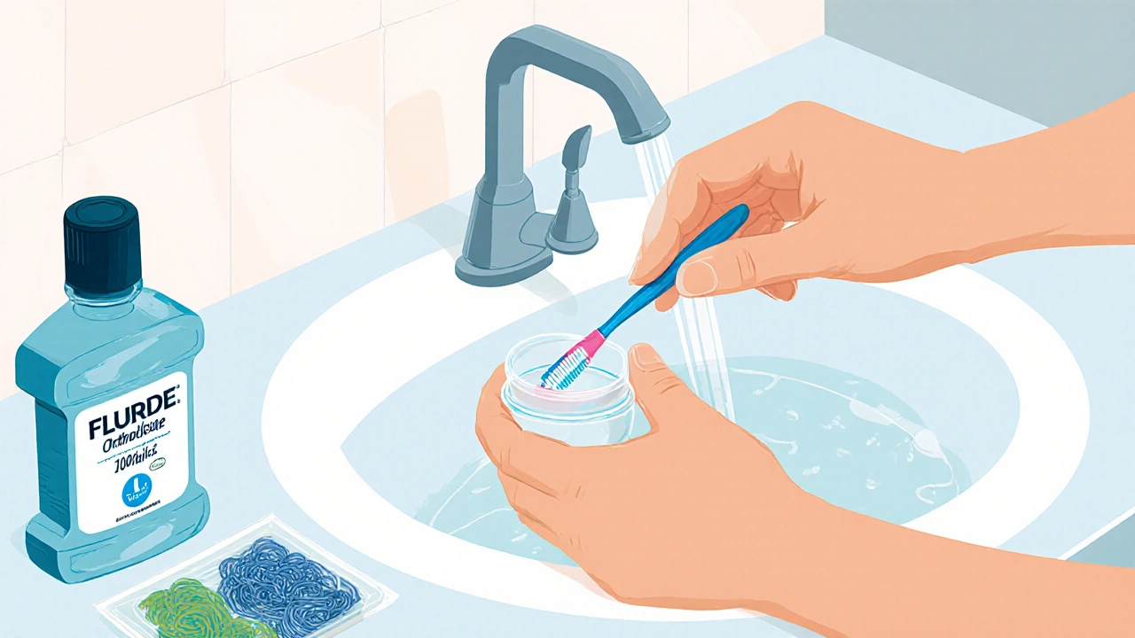 Osoba čistí gumičky na rovnátka měkkým kartáčkem