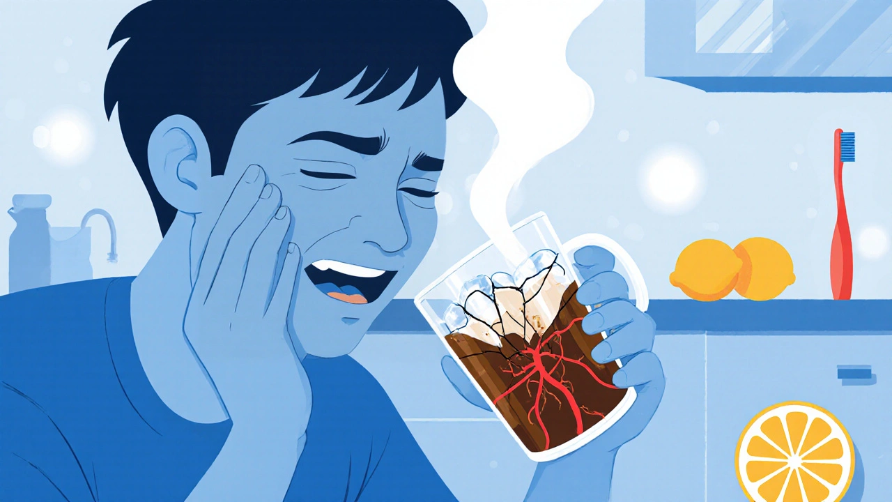 Osoba cítí bolest při pítí studené kávy, symbolicky znázorněná poškozená emal.