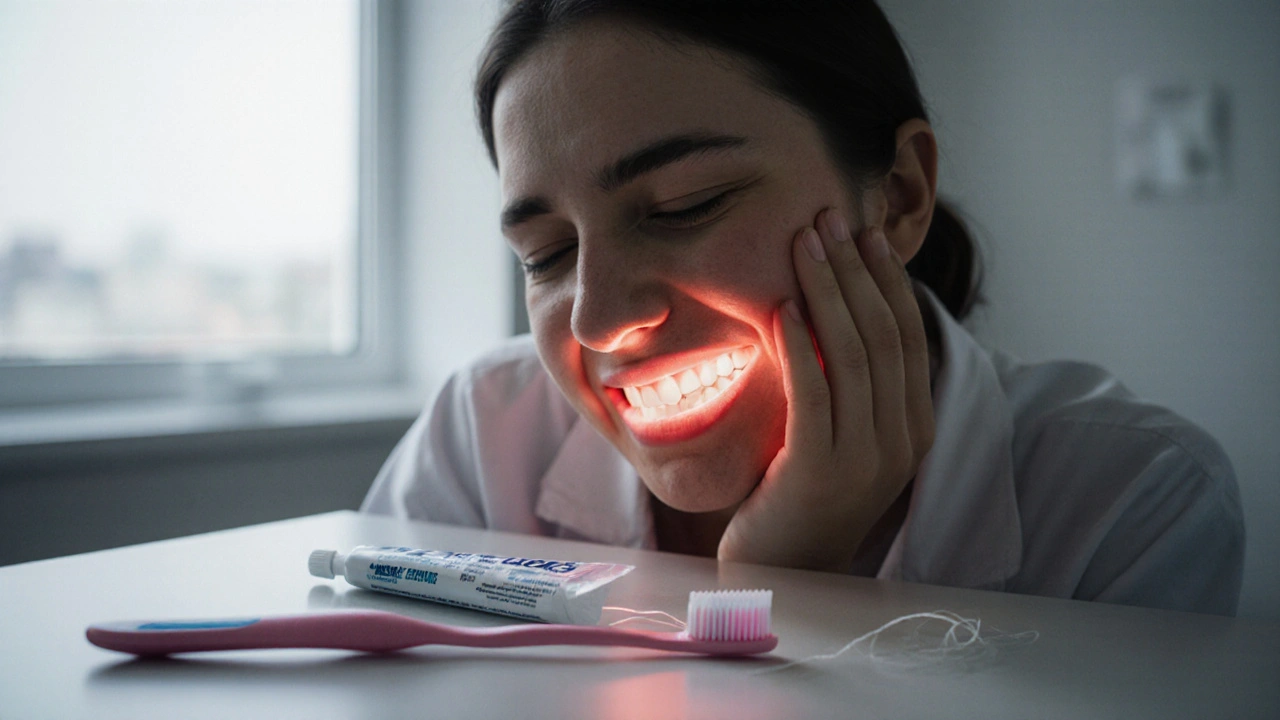 Osoba cítící bolest zubu s příznaky infekce šířící se do čelisti