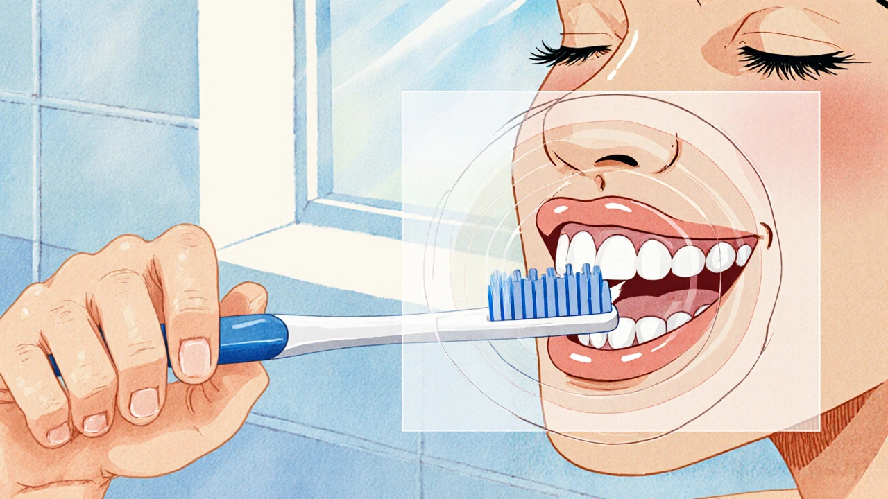 Osoba jemně čistí zuby měkkým kartáčkem, s transparentním znázorněním ustupujících dásní.