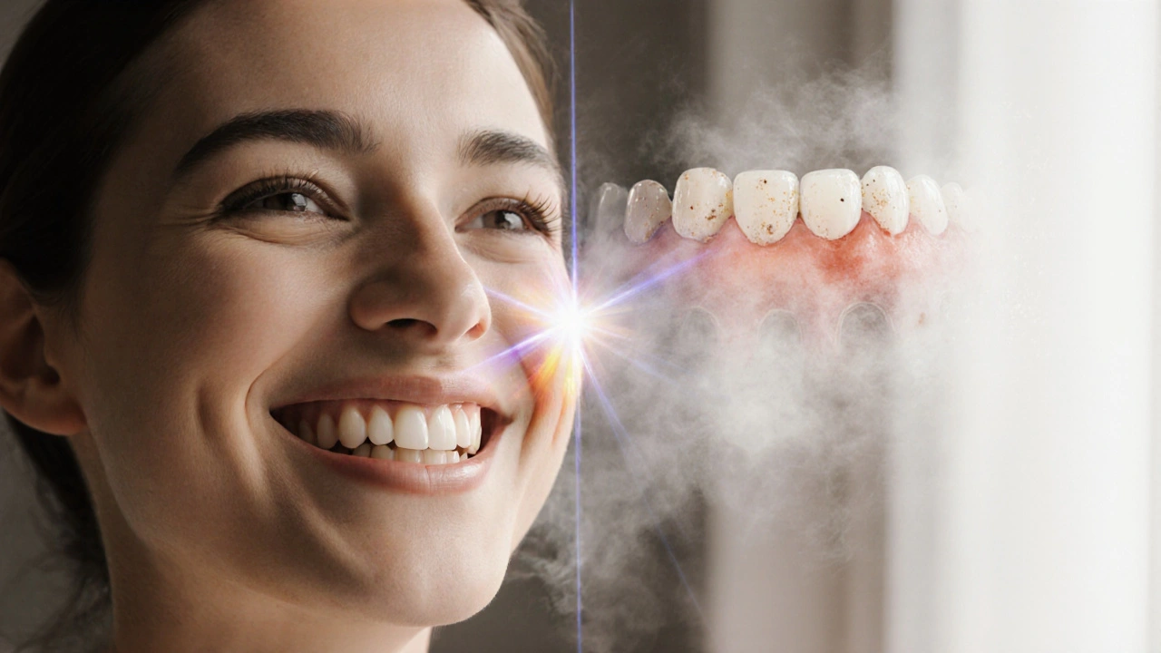 Osoba se usmívá s čistými zuby, zatímco zubní kámen a zánět mizí.