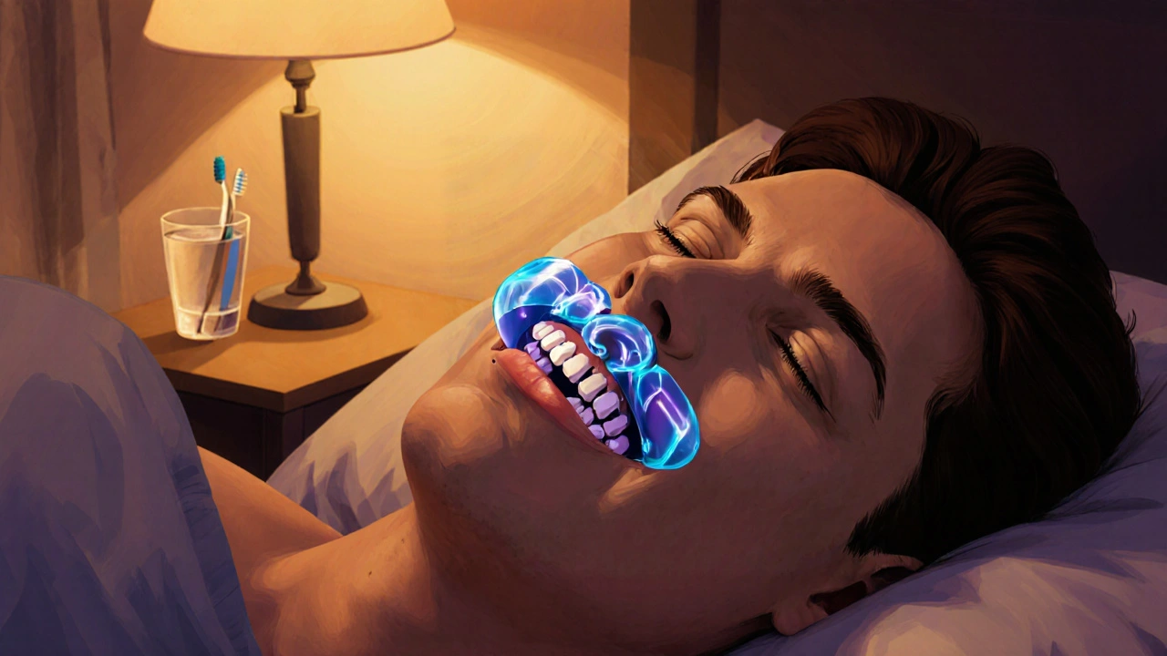 Osoba spí s noční ochrannou štěticí na zubech