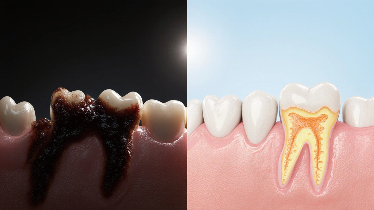 Porovnání poškozeného zubu s infekcí a stejného zubu po úspěšné endodoncii s korunkou.