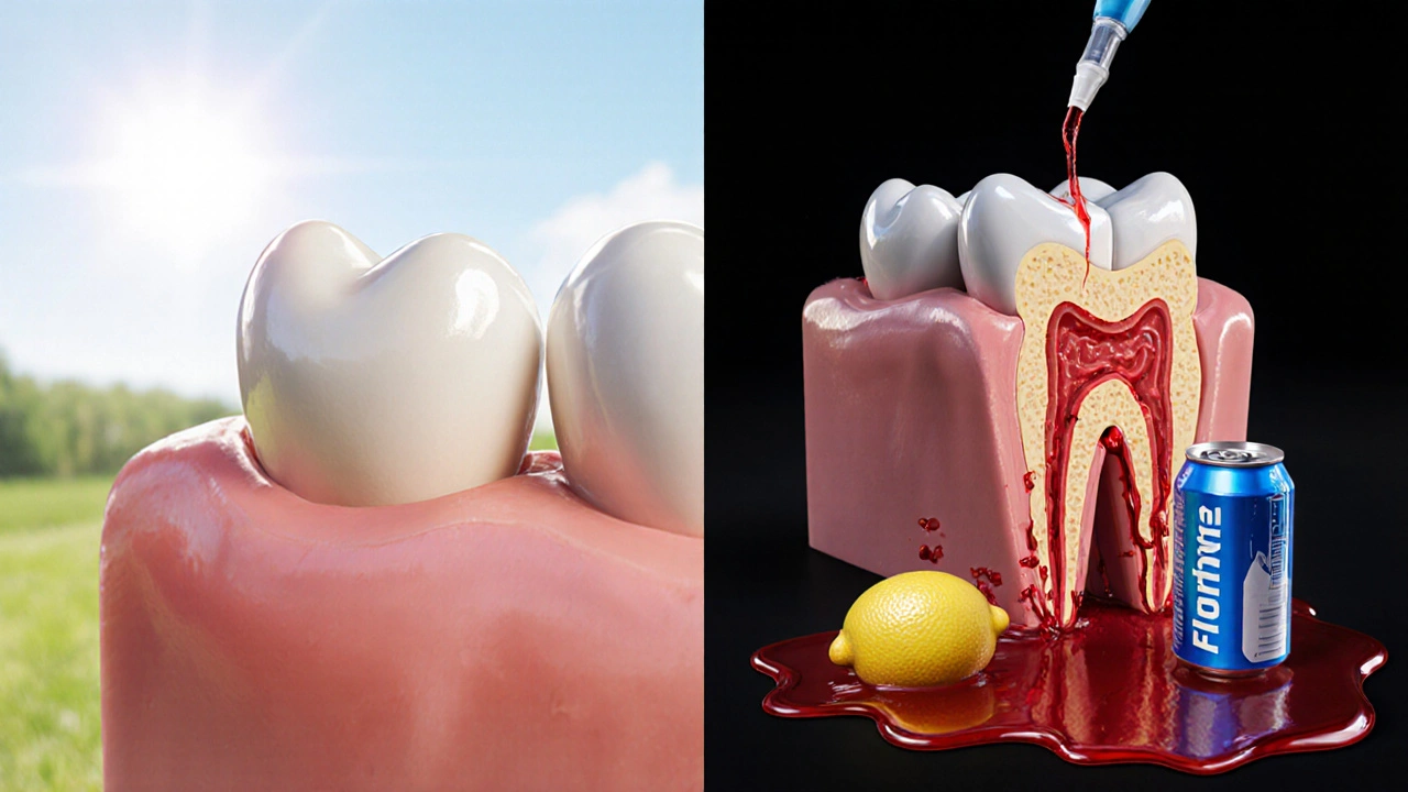 Porovnání zdravého a poškozeného zubu s vystavenými kořeny a kyselými podněty.