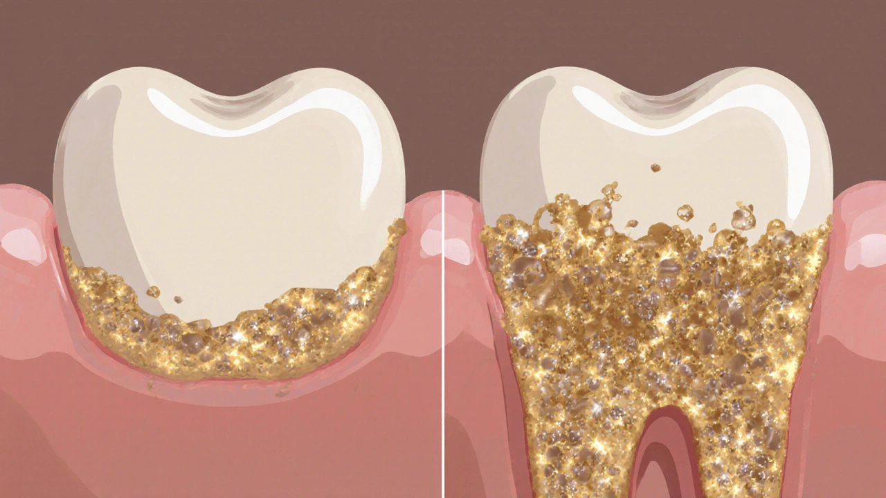 Porovnání zdravého zubu a zubu pokrytého žlutým zubním kamenem s bakteriemi.