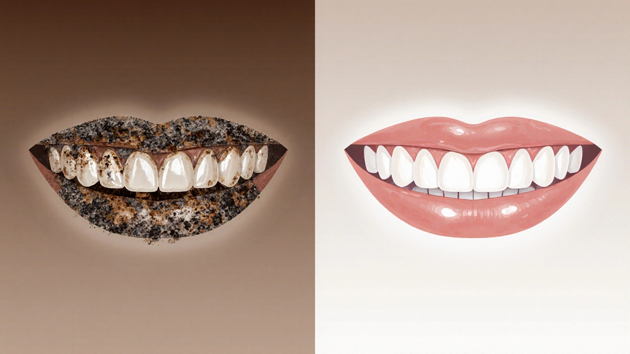 Porovnání zubů před a po pískování: tmavý nános vs. čistá sklovina.