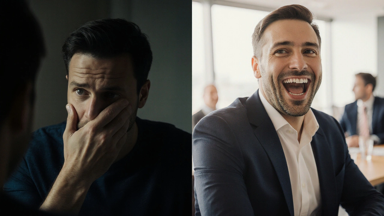 Před a po: muž dříve zakrývá ústa, později se směje sebevědomě.
