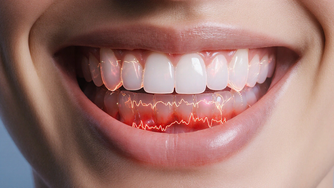 Přehled vnitřní struktury zubu s ultrazvukovými vlnami rozkládajícími zubní kámen pod dásněmi.