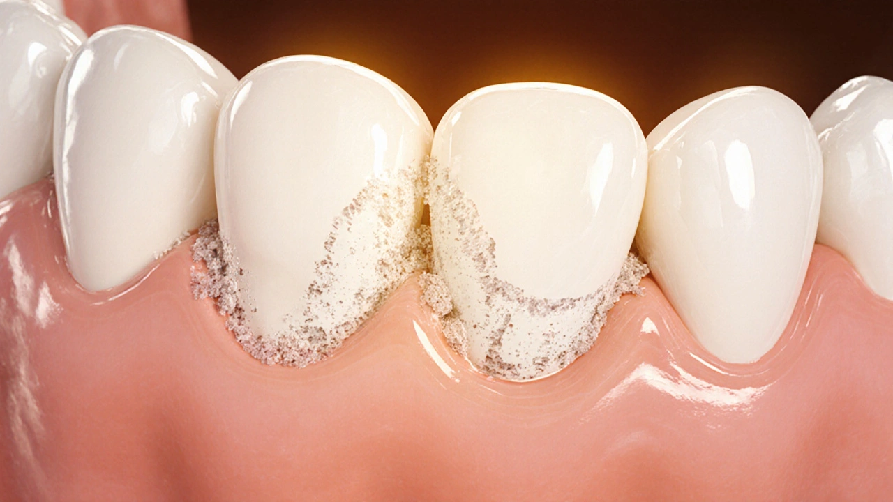 Přehled zubu s počáteční demineralizací a procesem obnovy minerálů fluoridem a hydroxyapatitem.