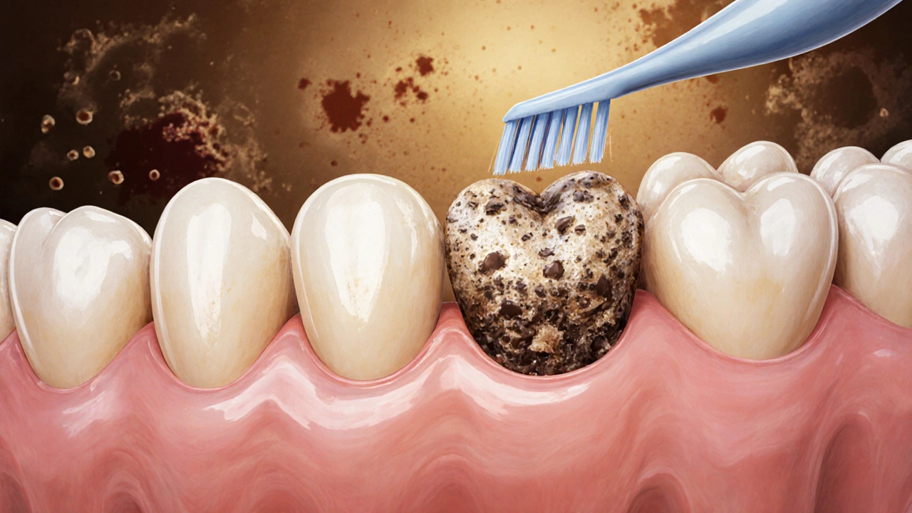 Příčný řez zubů s odstraňováním plaku mezizubním kartáčkem.