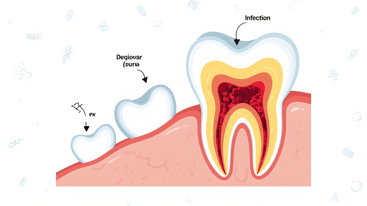 Průřez zubem ukazující postupné ničení skloviny a dentinu bakteriemi