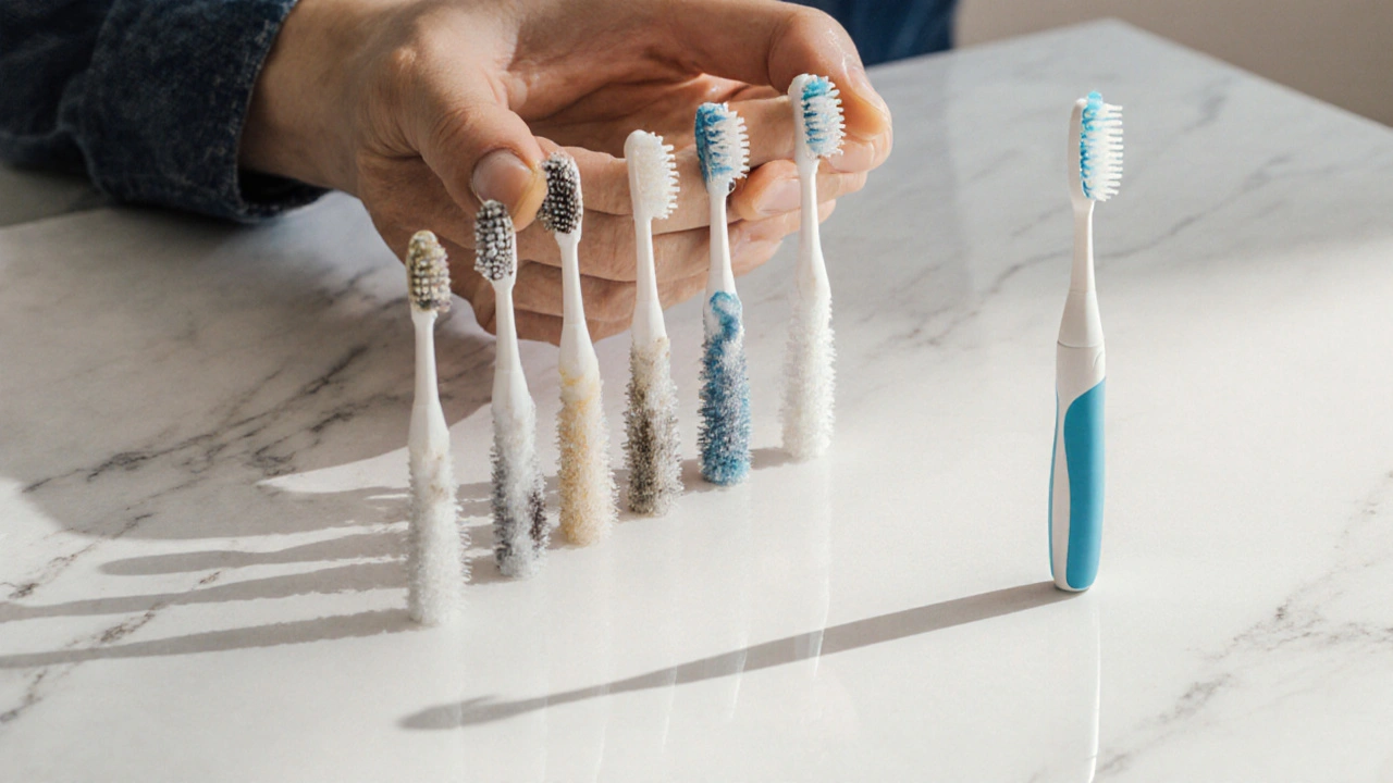 Řada použitých mezizubních kartáčků na bílém povrchu.