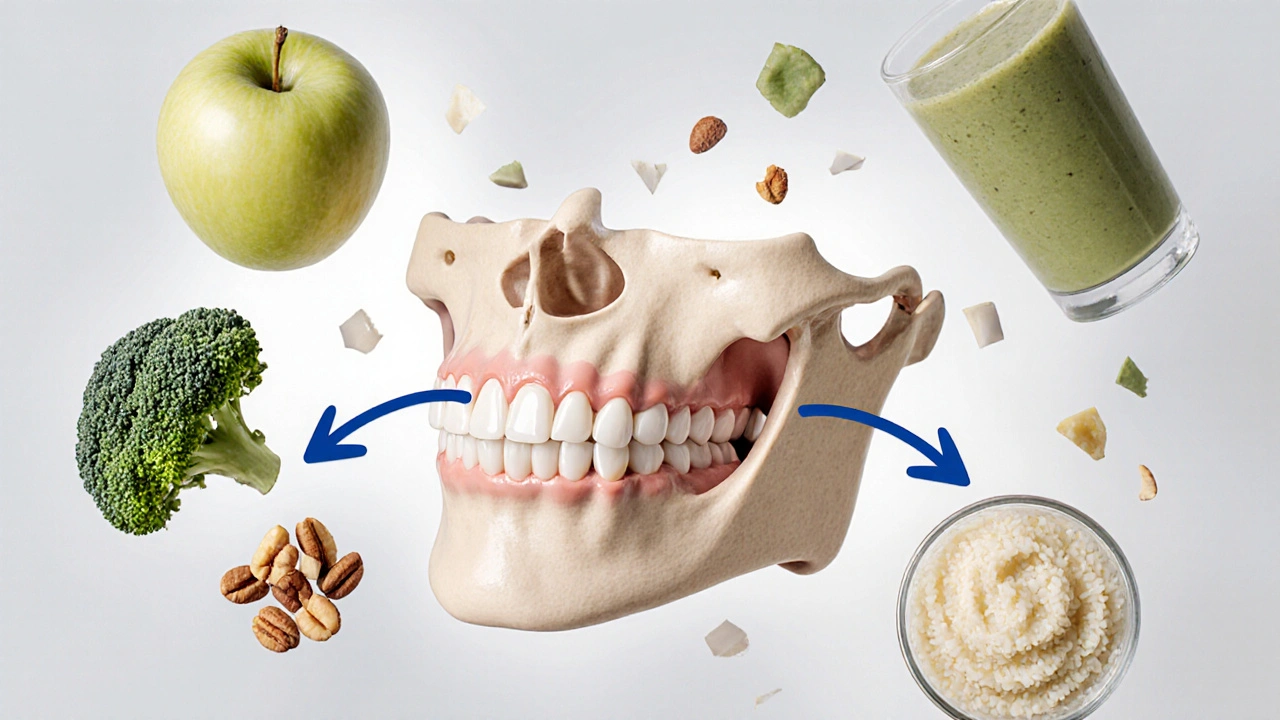 Řez lidské čelisti s ukázkou špatného příkousu a jeho dopadu na žvýkání potravy.