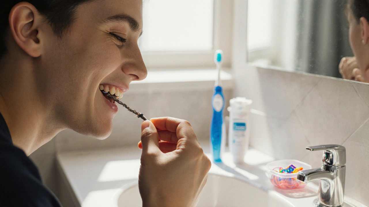 Ruka vyměňuje gumičky na rovnátkách v koupelně.